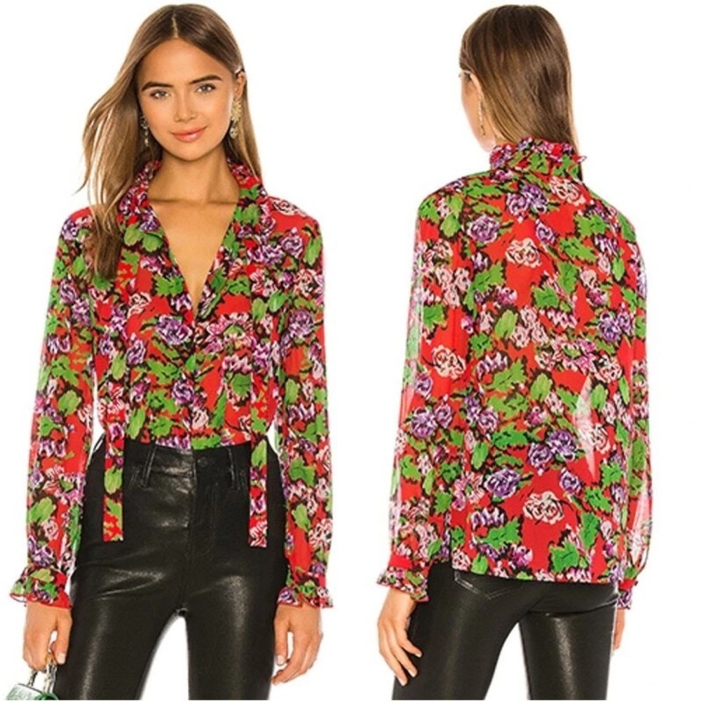 SALONI 100% Silk Abstract Floral Tie Neck Blouse Dark Romantic Quiet Luxury US 2